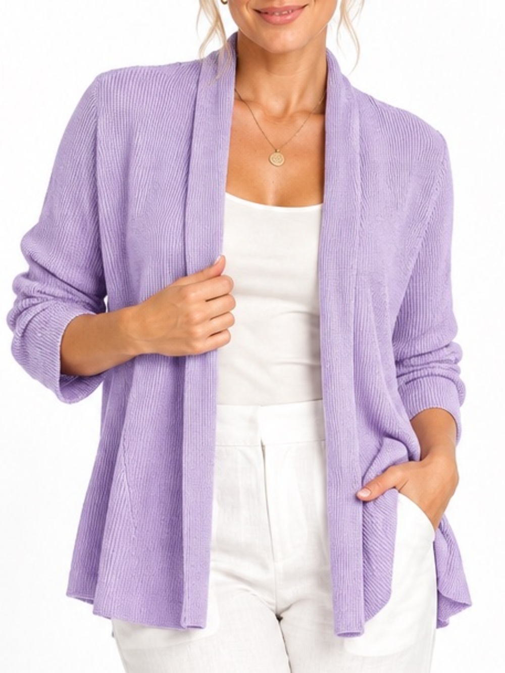 Eileen Fisher Organic Linen Open Front Cardigan M Lavender Coastal Quiet Luxury